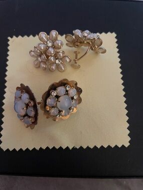 Gold-Tone Floral Clip-On Earrings with Pearl and Opal Accents
